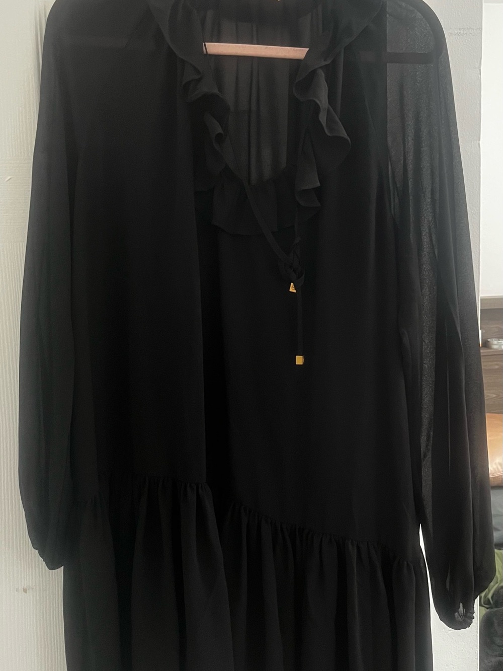 Michael Kors Black Ruffled V-Neck Long Sleeve Dress